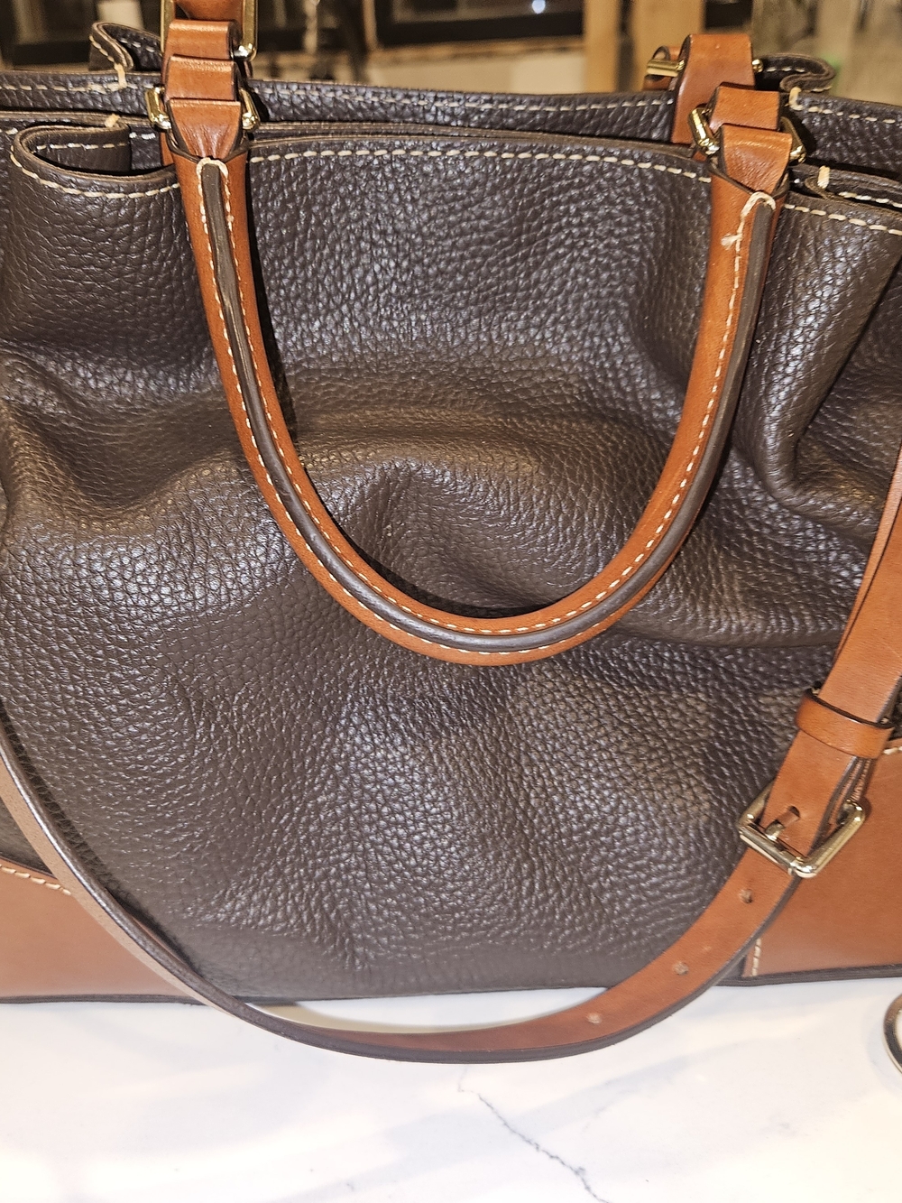 Dooney & Bourke Brown Pebbled Leather Satchel with Tan Trim - Picture 3 of 8